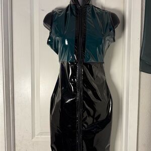 Black and Teal Sleeveless PVC Dress